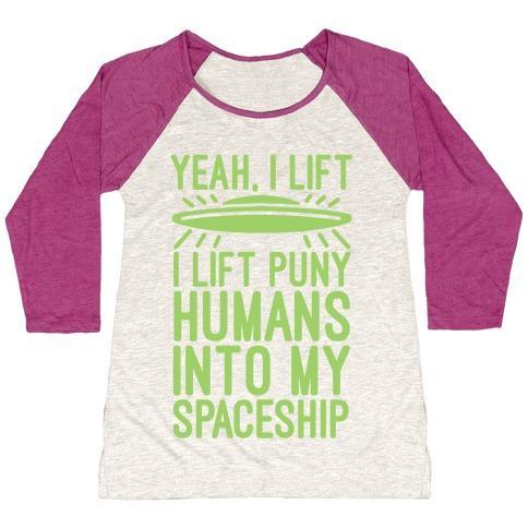 Virgin Teez  Baseball Tee Women's Tri-Blend Baseball Tee / small / Oatmeal / Berry I LIFT PUNY HUMANS INTO MY SPACESHIP WOMEN'S TRI-BLEND BASEBALL TEE