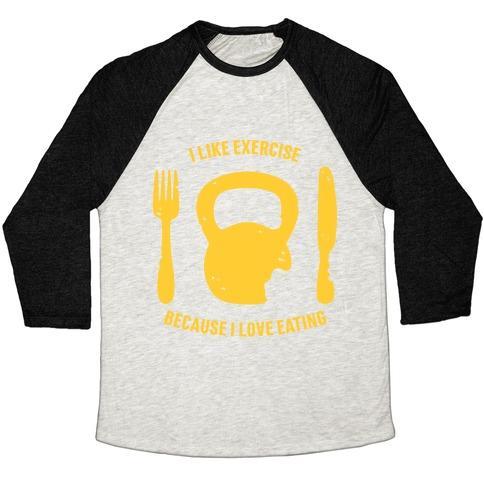 Virgin Teez  Baseball Tee Unisex Tri-Blend Baseball Tee / small / Oatmeal / Black I LIKE EXERCISING BECAUSE I LOVE EATING UNISEX TRI-BLEND BASEBALL TEE