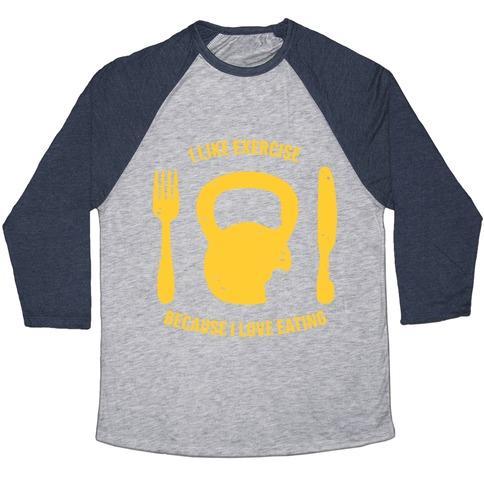 Virgin Teez  Baseball Tee Unisex Tri-Blend Baseball Tee / small / Athletic Gray / Navy I LIKE EXERCISING BECAUSE I LOVE EATING UNISEX TRI-BLEND BASEBALL TEE