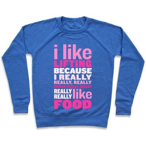 Virgin Teez  Pullover Crewneck Sweatshirt / x-small / Heathered Blue I LIKE LIFTING (FOOD) CREWNECK SWEATSHIRT