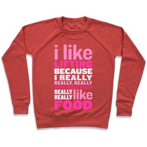 Virgin Teez  Pullover Crewneck Sweatshirt / x-small / Heathered Red I LIKE LIFTING (FOOD) CREWNECK SWEATSHIRT