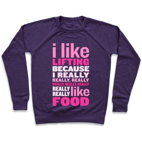 Virgin Teez  Pullover Crewneck Sweatshirt / x-small / Purple I LIKE LIFTING (FOOD) CREWNECK SWEATSHIRT