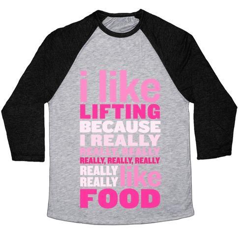 Virgin Teez  Baseball Tee Unisex Tri-Blend Baseball Tee / small / Athletic Gray / Black I LIKE LIFTING (FOOD) UNISEX TRI-BLEND BASEBALL TEE