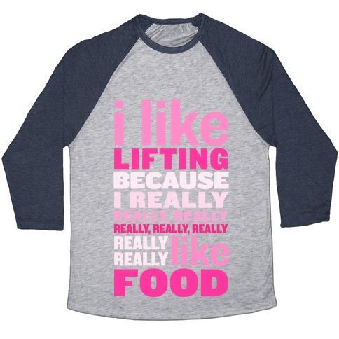 Virgin Teez  Baseball Tee Unisex Tri-Blend Baseball Tee / small / Athletic Gray / Navy I LIKE LIFTING (FOOD) UNISEX TRI-BLEND BASEBALL TEE