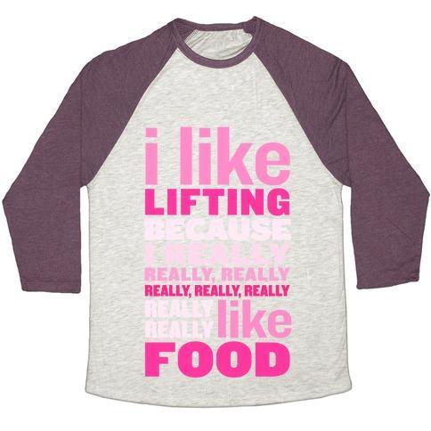 Virgin Teez  Baseball Tee Unisex Tri-Blend Baseball Tee / small / Oatmeal / Maroon I LIKE LIFTING (FOOD) UNISEX TRI-BLEND BASEBALL TEE