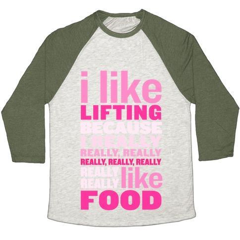 Virgin Teez  Baseball Tee Unisex Tri-Blend Baseball Tee / small / Oatmeal / Moss I LIKE LIFTING (FOOD) UNISEX TRI-BLEND BASEBALL TEE