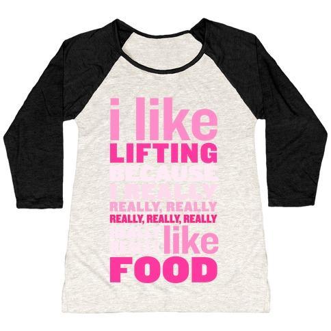Virgin Teez  Baseball Tee Women's Tri-Blend Baseball Tee / small / Oatmeal / Black I LIKE LIFTING (FOOD) WOMEN'S TRI-BLEND BASEBALL TEE