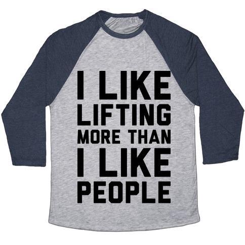 Virgin Teez  Baseball Tee Unisex Tri-Blend Baseball Tee / small / Athletic Gray / Navy I LIKE LIFTING MORE THAN I LIKE PEOPLE UNISEX TRI-BLEND BASEBALL TEE