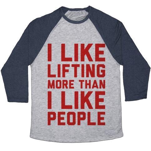 Virgin Teez  Baseball Tee Unisex Tri-Blend Baseball Tee / small / Athletic Gray / Navy I LIKE LIFTING MORE THAN I LIKE PEOPLE UNISEX TRI-BLEND BASEBALL TEE
