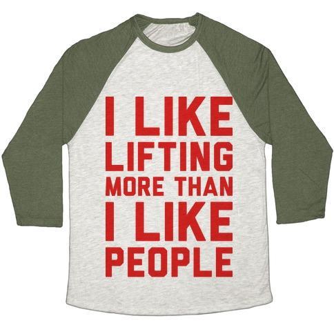 Virgin Teez  Baseball Tee Unisex Tri-Blend Baseball Tee / small / Oatmeal / Moss I LIKE LIFTING MORE THAN I LIKE PEOPLE UNISEX TRI-BLEND BASEBALL TEE