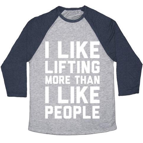 Virgin Teez  Baseball Tee Unisex Tri-Blend Baseball Tee / small / Athletic Gray / Navy I LIKE LIFTING MORE THAN I LIKE PEOPLE UNISEX TRI-BLEND BASEBALL TEE