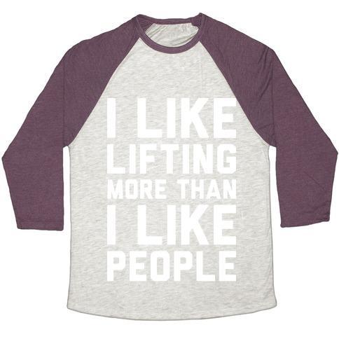 Virgin Teez  Baseball Tee Unisex Tri-Blend Baseball Tee / small / Oatmeal / Maroon I LIKE LIFTING MORE THAN I LIKE PEOPLE UNISEX TRI-BLEND BASEBALL TEE