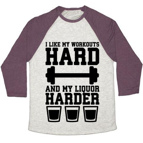 Virgin Teez  Baseball Tee Unisex Tri-Blend Baseball Tee / small / Oatmeal / Maroon I LIKE MY WORKOUTS HARD AND MY LIQUOR HARDER UNISEX TRI-BLEND BASEBALL TEE