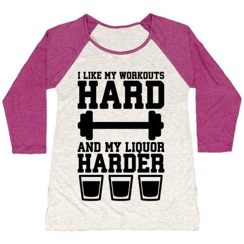Virgin Teez  Baseball Tee Women's Tri-Blend Baseball Tee / small / Oatmeal / Berry I LIKE MY WORKOUTS HARD AND MY LIQUOR HARDER WOMEN'S TRI-BLEND BASEBALL TEE
