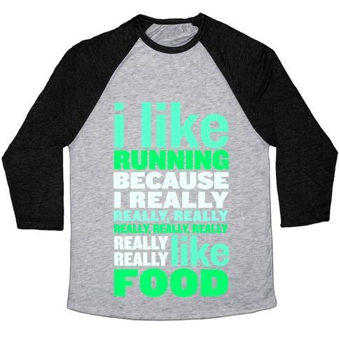 Virgin Teez  Baseball Tee Unisex Tri-Blend Baseball Tee / small / Athletic Gray / Black I LIKE RUNNING (FOOD) UNISEX TRI-BLEND BASEBALL TEE