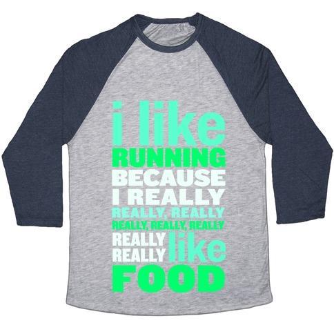Virgin Teez  Baseball Tee Unisex Tri-Blend Baseball Tee / small / Athletic Gray / Navy I LIKE RUNNING (FOOD) UNISEX TRI-BLEND BASEBALL TEE