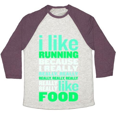 Virgin Teez  Baseball Tee Unisex Tri-Blend Baseball Tee / small / Oatmeal / Maroon I LIKE RUNNING (FOOD) UNISEX TRI-BLEND BASEBALL TEE