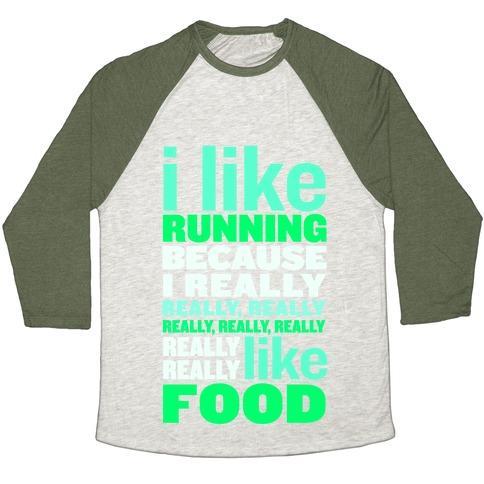 Virgin Teez  Baseball Tee Unisex Tri-Blend Baseball Tee / small / Oatmeal / Moss I LIKE RUNNING (FOOD) UNISEX TRI-BLEND BASEBALL TEE
