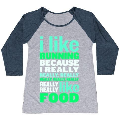 Virgin Teez  Baseball Tee Women's Tri-Blend Baseball Tee / small / Athletic Gray / Navy I LIKE RUNNING (FOOD) WOMEN'S TRI-BLEND BASEBALL TEE