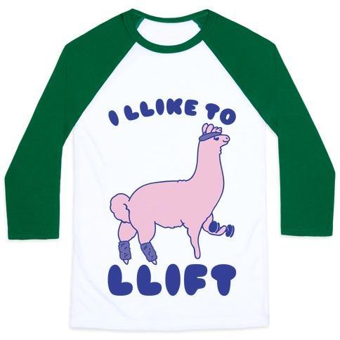 Virgin Teez  Baseball Tee Unisex Classic Baseball Tee / x-small / White/Dark Green I LIKE TO LIFT LLAMA UNISEX CLASSIC BASEBALL TEE