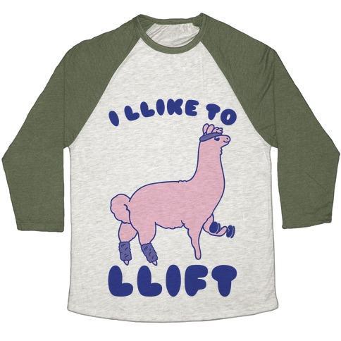 Virgin Teez  Baseball Tee Unisex Tri-Blend Baseball Tee / small / Oatmeal / Moss I LIKE TO LIFT LLAMA UNISEX TRI-BLEND BASEBALL TEE