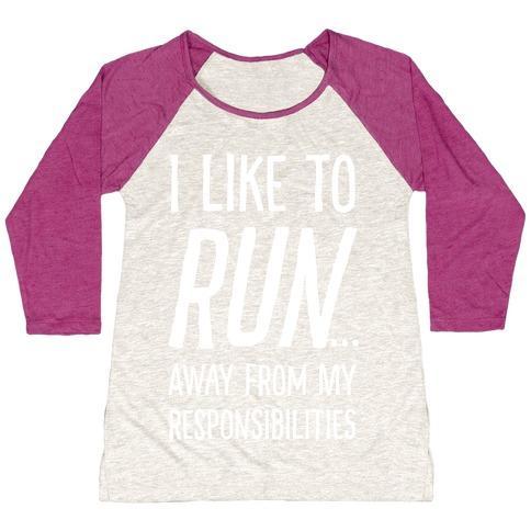 Virgin Teez  Baseball Tee Women's Tri-Blend Baseball Tee / small / Oatmeal / Berry I LIKE TO RUN AWAY FROM MY RESPONSIBILITIES WOMEN'S TRI-BLEND BASEBALL TEE
