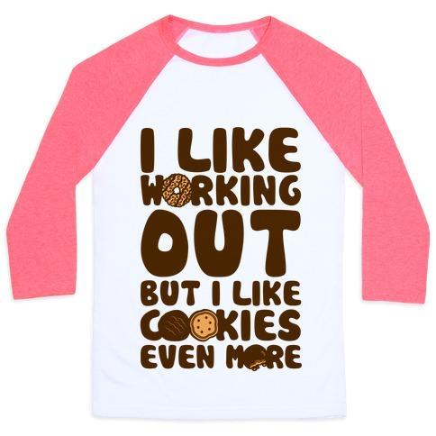 Virgin Teez  Baseball Tee Unisex Classic Baseball Tee / x-small / White/Neon Pink I LIKE WORKING OUT BUT I LIKE COOKIES EVEN MORE UNISEX CLASSIC BASEBALL TEE