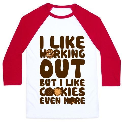Virgin Teez  Baseball Tee Unisex Classic Baseball Tee / x-small / White/Red I LIKE WORKING OUT BUT I LIKE COOKIES EVEN MORE UNISEX CLASSIC BASEBALL TEE