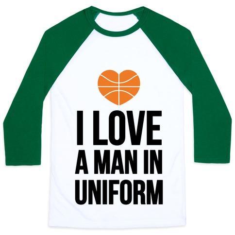 Virgin Teez  Baseball Tee Unisex Classic Baseball Tee / x-small / White/Dark Green I LOVE A MAN IN UNIFORM (BASKETBALL) UNISEX CLASSIC BASEBALL TEE
