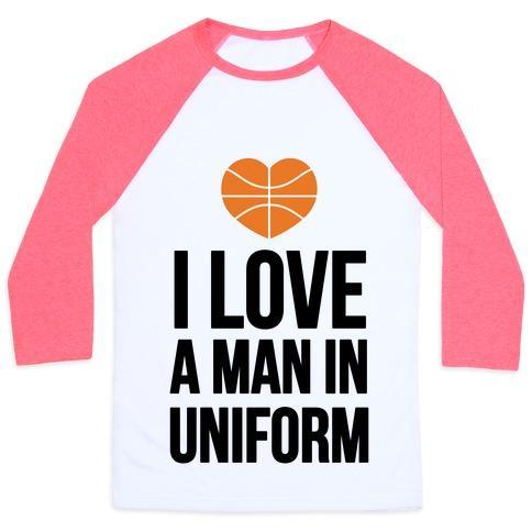 Virgin Teez  Baseball Tee Unisex Classic Baseball Tee / x-small / White/Neon Pink I LOVE A MAN IN UNIFORM (BASKETBALL) UNISEX CLASSIC BASEBALL TEE