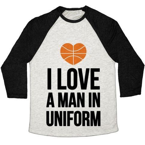 Virgin Teez  Baseball Tee Unisex Tri-Blend Baseball Tee / small / Oatmeal / Black I LOVE A MAN IN UNIFORM (BASKETBALL) UNISEX TRI-BLEND BASEBALL TEE