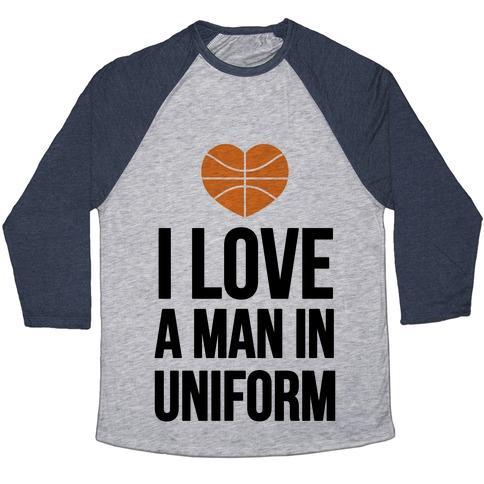 Virgin Teez  Baseball Tee Unisex Tri-Blend Baseball Tee / small / Athletic Gray / Navy I LOVE A MAN IN UNIFORM (BASKETBALL) UNISEX TRI-BLEND BASEBALL TEE