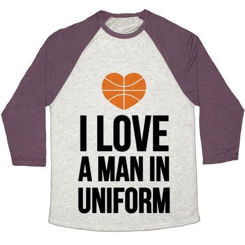 Virgin Teez  Baseball Tee Unisex Tri-Blend Baseball Tee / small / Oatmeal / Maroon I LOVE A MAN IN UNIFORM (BASKETBALL) UNISEX TRI-BLEND BASEBALL TEE