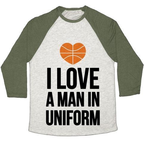 Virgin Teez  Baseball Tee Unisex Tri-Blend Baseball Tee / small / Oatmeal / Moss I LOVE A MAN IN UNIFORM (BASKETBALL) UNISEX TRI-BLEND BASEBALL TEE