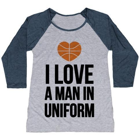 Virgin Teez  Baseball Tee Women's Tri-Blend Baseball Tee / small / Athletic Gray / Navy I LOVE A MAN IN UNIFORM (BASKETBALL) WOMEN'S TRI-BLEND BASEBALL TEE