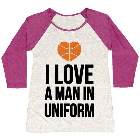Virgin Teez  Baseball Tee Women's Tri-Blend Baseball Tee / small / Oatmeal / Berry I LOVE A MAN IN UNIFORM (BASKETBALL) WOMEN'S TRI-BLEND BASEBALL TEE