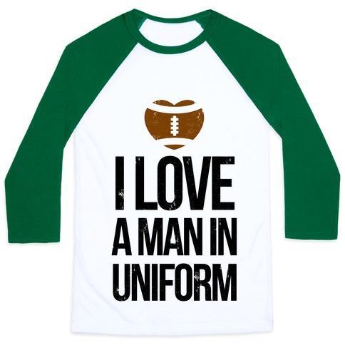Virgin Teez  Baseball Tee Unisex Classic Baseball Tee / x-small / White/Dark Green I LOVE A MAN IN UNIFORM (FOOTBALL EDITION) UNISEX CLASSIC BASEBALL TEE