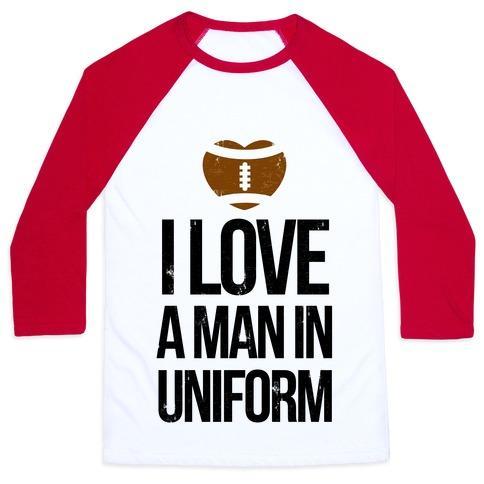 Virgin Teez  Baseball Tee Unisex Classic Baseball Tee / x-small / White/Red I LOVE A MAN IN UNIFORM (FOOTBALL EDITION) UNISEX CLASSIC BASEBALL TEE