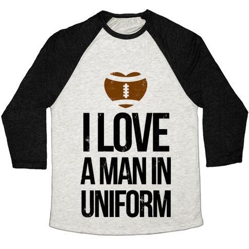Virgin Teez  Baseball Tee Unisex Tri-Blend Baseball Tee / small / Oatmeal / Black I LOVE A MAN IN UNIFORM (FOOTBALL EDITION) UNISEX TRI-BLEND BASEBALL TEE