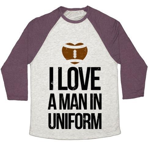 Virgin Teez  Baseball Tee Unisex Tri-Blend Baseball Tee / small / Oatmeal / Maroon I LOVE A MAN IN UNIFORM (FOOTBALL EDITION) UNISEX TRI-BLEND BASEBALL TEE