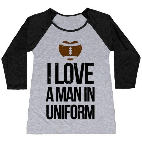 Virgin Teez  Baseball Tee Women's Tri-Blend Baseball Tee / small / Athletic Gray / Black I LOVE A MAN IN UNIFORM (FOOTBALL EDITION) WOMEN'S TRI-BLEND BASEBALL TEE