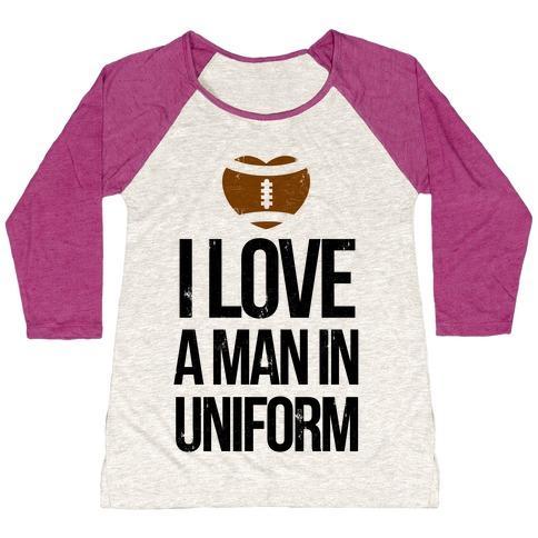 Virgin Teez  Baseball Tee Women's Tri-Blend Baseball Tee / small / Oatmeal / Berry I LOVE A MAN IN UNIFORM (FOOTBALL EDITION) WOMEN'S TRI-BLEND BASEBALL TEE