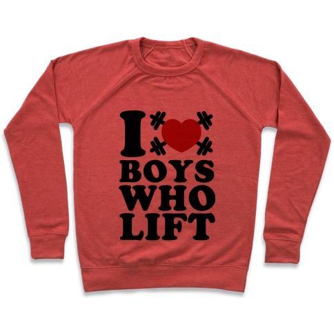 Virgin Teez  Pullover Crewneck Sweatshirt / x-small / Heathered Red I LOVE BOYS WHO LIFT CREWNECK SWEATSHIRT