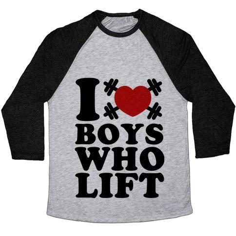 Virgin Teez  Baseball Tee Unisex Tri-Blend Baseball Tee / small / Athletic Gray / Black I LOVE BOYS WHO LIFT UNISEX TRI-BLEND BASEBALL TEE