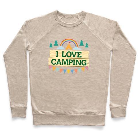 Virgin Teez  Pullover Crewneck Sweatshirt / x-small / Heathered Oatmeal I LOVE CAMPING (POCKET CAMP PARODY) CREWNECK SWEATSHIRT