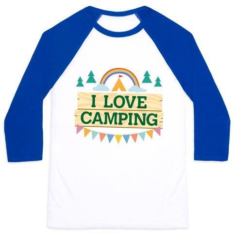 Virgin Teez  Baseball Tee Unisex Classic Baseball Tee / x-small / White/Blue I LOVE CAMPING (POCKET CAMP PARODY) UNISEX CLASSIC BASEBALL TEE