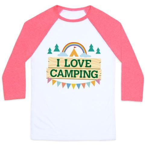 Virgin Teez  Baseball Tee Unisex Classic Baseball Tee / x-small / White/Neon Pink I LOVE CAMPING (POCKET CAMP PARODY) UNISEX CLASSIC BASEBALL TEE