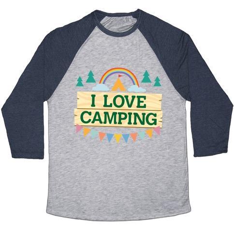 Virgin Teez  Baseball Tee Unisex Tri-Blend Baseball Tee / small / Athletic Gray / Navy I LOVE CAMPING (POCKET CAMP PARODY) UNISEX TRI-BLEND BASEBALL TEE