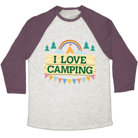 Virgin Teez  Baseball Tee Unisex Tri-Blend Baseball Tee / small / Oatmeal / Maroon I LOVE CAMPING (POCKET CAMP PARODY) UNISEX TRI-BLEND BASEBALL TEE