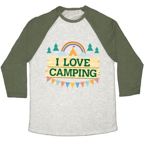 Virgin Teez  Baseball Tee Unisex Tri-Blend Baseball Tee / small / Oatmeal / Moss I LOVE CAMPING (POCKET CAMP PARODY) UNISEX TRI-BLEND BASEBALL TEE